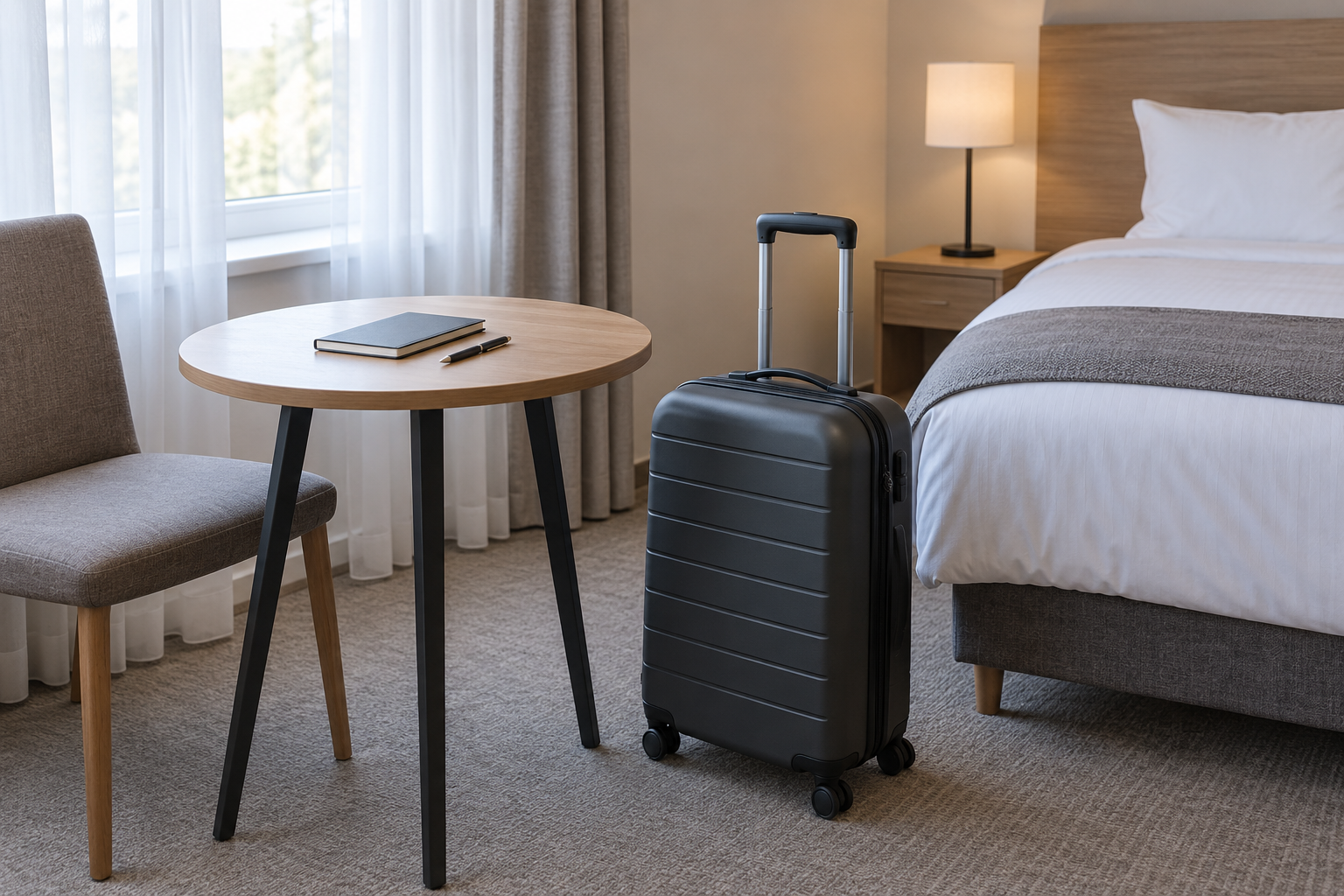 Geschlossener Reisekoffer neben einem kleinen Tisch mit geschlossenem Notizbuch und Stift in einem neutralen Hotelzimmer.